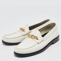 Pre Owned Celine White Leather Luco Triomphe Chain Loafers Size 36