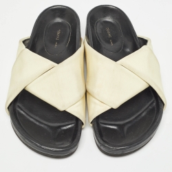 Pre Owned Celine Cream/Black Fabric Twist Slide Flats Size 37
