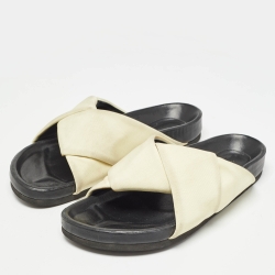 Pre Owned Celine Cream/Black Fabric Twist Slide Flats Size 37