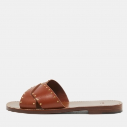 Pre Owned Celine Brown Leather Studded Lerins Flat Slides Size 40