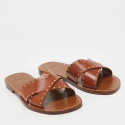 Pre Owned Celine Brown Leather Studded Lerins Flat Slides Size 40
