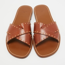 Pre Owned Celine Brown Leather Studded Lerins Flat Slides Size 40