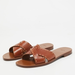 Pre Owned Celine Brown Leather Studded Lerins Flat Slides Size 40