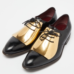 Pre Owned Celine Black Patent Leather Gold Metal Plate Lace Up Oxfords Size 39