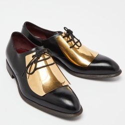 Pre Owned Celine Black Patent Leather Gold Metal Plate Lace Up Oxfords Size 39