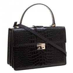 Cerruti 1881 Black Croc Embossed Leather Cerrutis Top Handle Bag
