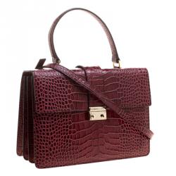 Pre Owned Cerruti 1881 Burgundy Croc Embossed Leather Cerrutis Top Handle Bag