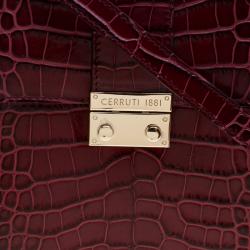 Pre Owned Cerruti 1881 Burgundy Croc Embossed Leather Cerrutis Top Handle Bag