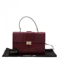 Pre Owned Cerruti 1881 Burgundy Croc Embossed Leather Cerrutis Top Handle Bag