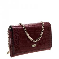 Pre Owned Cerruti 1881 Red Crocodile Embossed Leather Chain Shoulder Bag