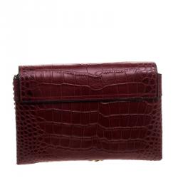 Pre Owned Cerruti 1881 Red Crocodile Embossed Leather Chain Shoulder Bag