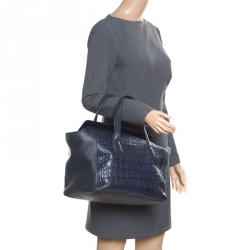 Cerruti 1881 Navy Blue Croc Embossed Leather Shopper Tote
