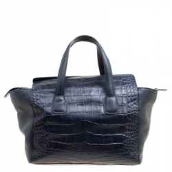 Cerruti 1881 Navy Blue Croc Embossed Leather Shopper Tote
