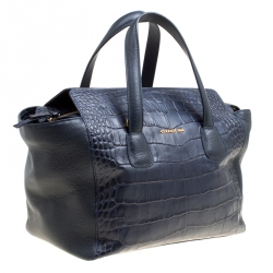 Cerruti 1881 Navy Blue Croc Embossed Leather Shopper Tote