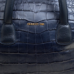 Cerruti 1881 Navy Blue Croc Embossed Leather Shopper Tote