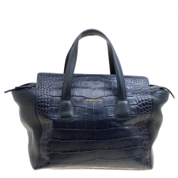 Cerruti 1881 Navy Blue Croc Embossed Leather Shopper Tote
