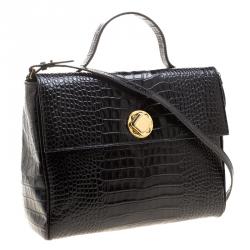 Pre Owned Cerruti 1881 Black Croc Embossed Leather Cerrutis Top Handle Bag