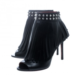 Cesaire Paciotti Black Leather Studded Fringe Peep Toe Booties Size 40