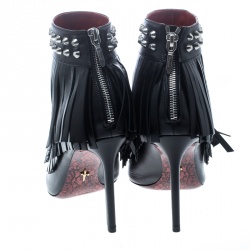 Cesaire Paciotti Black Leather Studded Fringe Peep Toe Booties Size 40