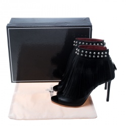 Cesaire Paciotti Black Leather Studded Fringe Peep Toe Booties Size 40