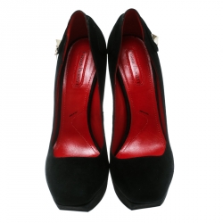Cesare Paciotti Black Suede Square Toe Platform Pumps Size 38