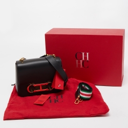 Pre Owned CH Carolina Herrera Black Leather Medium Initials Insignia Shoulder Bag