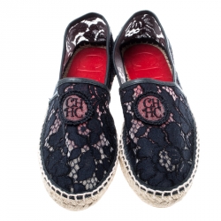 Pre Owned Carolina Herrera Blue Corded Lace And Leather Trim Espadrilles Size 36