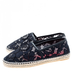 Pre Owned Carolina Herrera Blue Corded Lace And Leather Trim Espadrilles Size 36