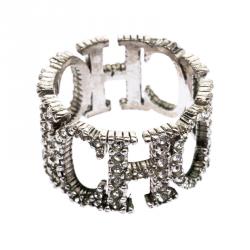 Pre Owned CH Carolina Herrera Crystal Studded Logo Silver Tone Ring Size 54
