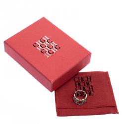 Pre Owned CH Carolina Herrera Crystal Studded Logo Silver Tone Ring Size 54