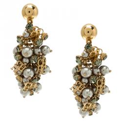 Pre Owned Carolina Herrera Faux Pearl & Crystal Cluster Gold Tone Dangle Earrings