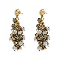 Pre Owned Carolina Herrera Faux Pearl & Crystal Cluster Gold Tone Dangle Earrings