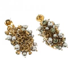 Pre Owned Carolina Herrera Faux Pearl & Crystal Cluster Gold Tone Dangle Earrings