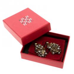 Pre Owned Carolina Herrera Faux Pearl & Crystal Cluster Gold Tone Dangle Earrings