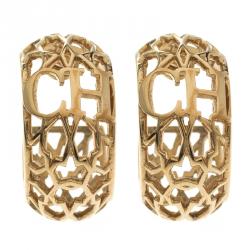 Pre Owned Carolina Herrera CH Open Cut Work Gold Tone Hoop Earrings