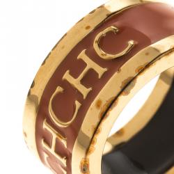 CH Carolina Herrera Logo Orange Enamel Gold Tone Band Ring Size 54.5
