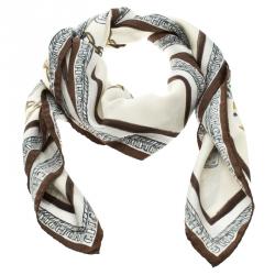 Pre Owned CH Carolina Herrera Cream Lock and Key Print Silk Square Scarf
