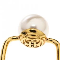 Pre Owned Carolina Herrera CH Faux Pearl Gold Tone Ring Size 58