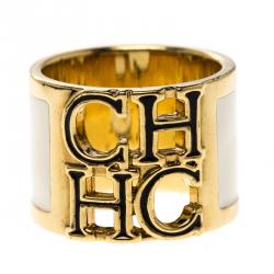 Pre Owned CH Carolina Herrera Logo White & Black Enamel Gold Tone Wide Band Ring Size 54