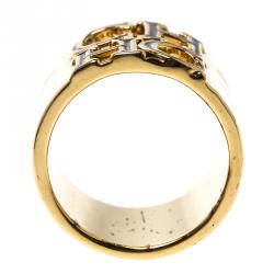 Pre Owned CH Carolina Herrera Logo White & Black Enamel Gold Tone Wide Band Ring Size 54