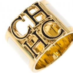 Pre Owned CH Carolina Herrera Logo White & Black Enamel Gold Tone Wide Band Ring Size 54