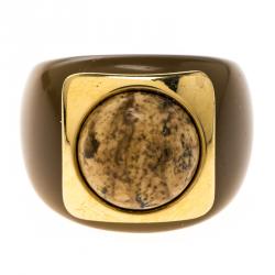Pre Owned CH Carolina Herrera Brown Cabochon Gold Tone Ring Size 54.5