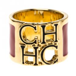 مملوكة مسبقًا خاتم سي أتش كارولينا هيرير أيناميل أحمر وأسود بالشعار ذهبي اللون عريض مقاس 54