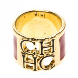 مملوكة مسبقًا خاتم سي أتش كارولينا هيرير أيناميل أحمر وأسود بالشعار ذهبي اللون عريض مقاس 54