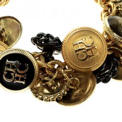 Pre Owned CH Carolina Herrera Enamel Gold Tone Button Detail Charm Toggle Bracelet & Stud Earring Set