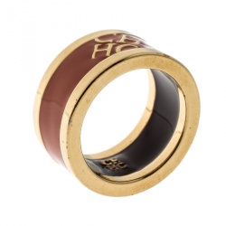Pre Owned CH Carolina Herrera Logo Orange Enamel Gold Tone Band Ring Size 54
