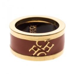 Pre Owned CH Carolina Herrera Logo Orange Enamel Gold Tone Band Ring Size 54