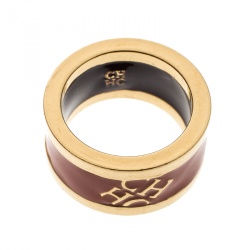 Pre Owned CH Carolina Herrera Logo Orange Enamel Gold Tone Band Ring Size 54