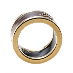 Pre Owned CH Carolina Herrera Logo Orange Enamel Gold Tone Band Ring Size 54