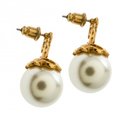 Pre Owned CH Carolina Herrera Logo Faux Pearl Gold Tone Earrings
